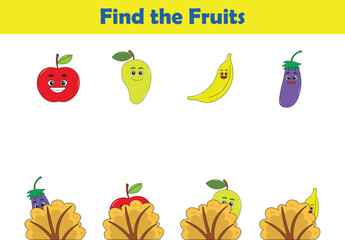 Find Hiding fruits. Child Exercise Sheet with fruits. Printable worksheet. Cartoon vector illustration