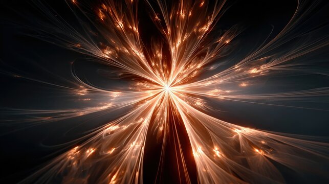 A central, bright white light source emits radiant, glowing orange and gold strands that spread outwards like a fractal explosion against a dark, textured backg