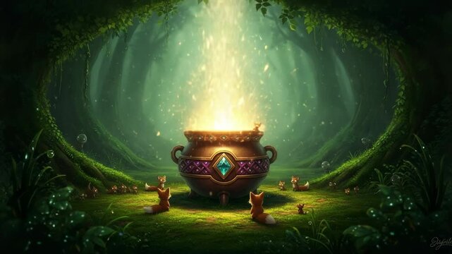 Enchanting forest scene with a magical cauldron surrounded by adorable foxes in a mystical setting