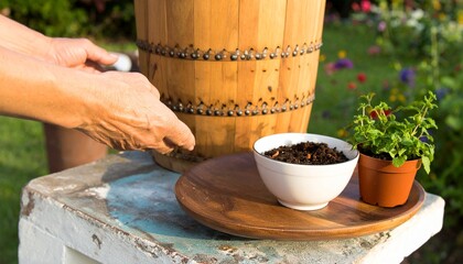 A person preparing to pot a small green plant into a large wooden barrel planter in a sunny garden.