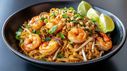 Spicy shrimp pad thai with lime, crushed peanut garnish and fresh cilantro, savory aroma