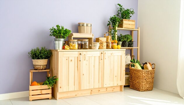 A bright kitchen pantry with a wooden cabinet, shelves, fresh herbs in pots, and jars of stored food.