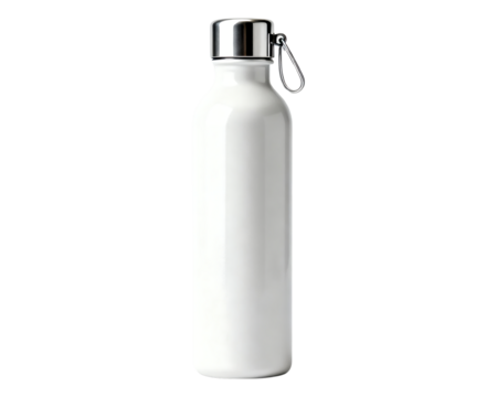 Clean white reusable water bottle with a metallic cap and a small loop, perfect for staying hydrated on the go