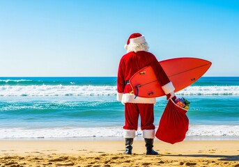 Santa claus standing on the beach with surfboard and gift bag enjoying summer vacation
