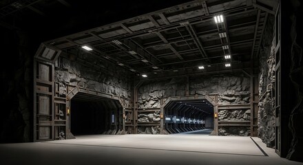 Empty square room with Underground Shelter Nuclear Bunker Hangar Car Garage Showroom Metal Mountain Rock Rough Walls Dark Tunnel Corridor Sci Fi Futuristic Spaceship