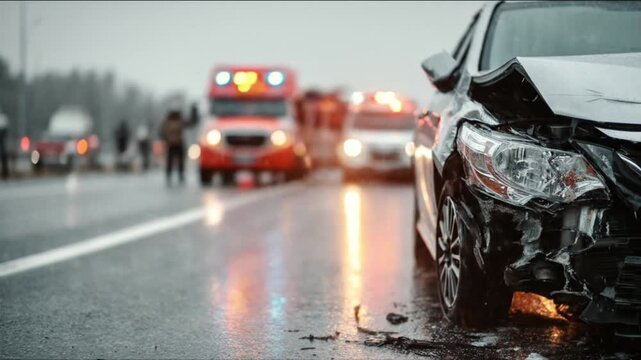 Rain-soaked highway crash a crumpled front-end car on the right, ambulances flashing in distance..
