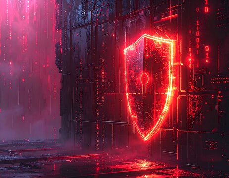 Futuristic digital artwork showcasing a glowing red shield with a keyhole against a dark, tech-infused background. A binary code stream adds to the atmosphere - Powered by Adobe
