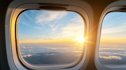 Fototapeta premium Sunset airplane window sky cloud horizon golden light