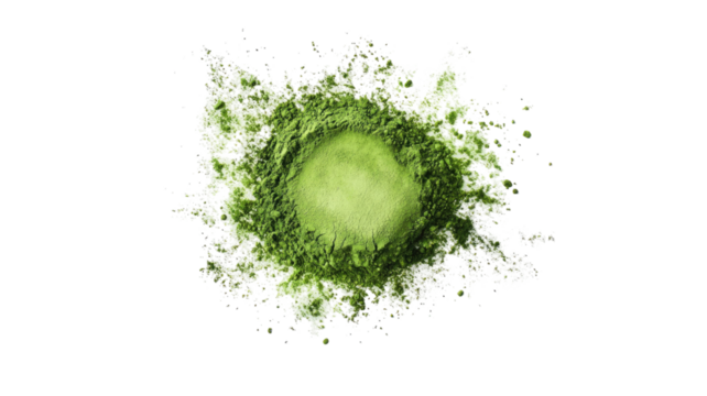 Matcha powder with vibrant green color and fine texture showcasing rich, earthy flavor and premium quality for culinary use isolated on white background