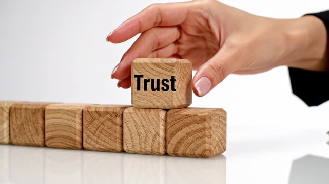 Building Trust with Wooden Cubes - A hand carefully places a wooden cube labeled "Trust" onto a row of similar cubes, symbolizing the establishment of a strong foundation.