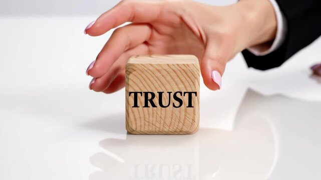 Building Trust in Business - A woman's hand places a wooden cube with the word "TRUST" on a glossy white surface. The video emphasizes the importance of establishing trust for business success.