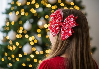 Little girl with a red bow in her hair looking at a christmas tree