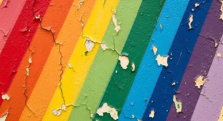 Vintage rainbow mural effect with worn paint texture and artistic brush strokes in warm saturated tones