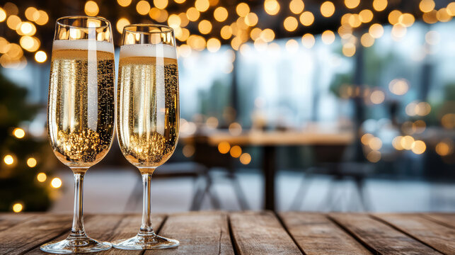 Sparkling champagne glass champagne flute bokeh lights festive table celebration mood