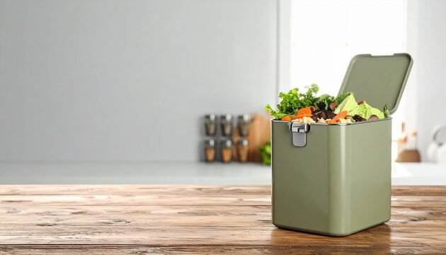 A green compost bin filled with kitchen scraps sits on a wooden countertop in a bright kitchen. - Powered by Adobe