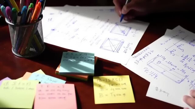 Close-up of a student's hands diligently solving complex mathematical equations and geometric diagrams on a messy desk with sticky notes