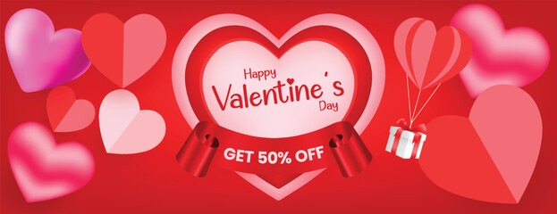 Trendy Happy Valentine’s Day horizontal banner and website header template with minimal heart artwork, modern greeting card for social media cover, invitation layout, and creative vector illustration