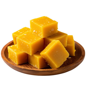 mysore pak on a wooden plate in soft lighting PNG image, transparent background