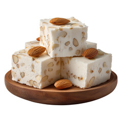sweet almond fudge stacked on a wooden plate with PNG image, transparent background