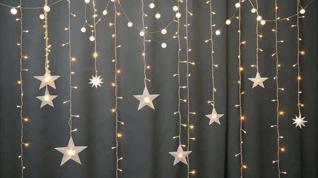 String lights and star decorations illuminating a dark curtain background for festive celebrations.