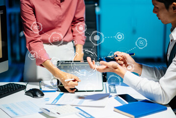 Co working process, team working.Coding software developer work with AR new design dashboard computer icons.team business concept