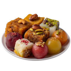 traditional sweets on a white plate with nuts and colorful toppings PNG image, transparent background