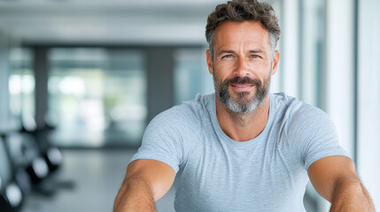 Smiling middle aged man exercising on stationary bike in bright rehab gym