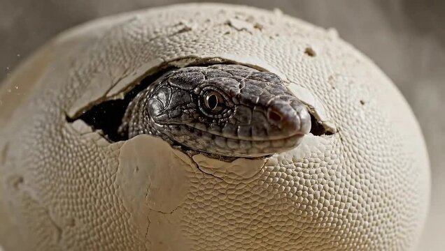 A captivating close-up of a newborn reptile's head emerging from a cracked eggshell, capturing the delicate and powerful first moments of life