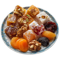 delicious selection of traditional sweets and dried fruits on a decorative plate during a festive gathering PNG image, transparent background