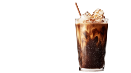Iced coffee milk with creamy texture and cold refreshing appearance showcasing smooth blend of coffee and milk isolated on white background