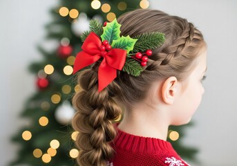 Naklejka premium Little girl with festive braid hairstyle decorated with christmas ornaments and bow