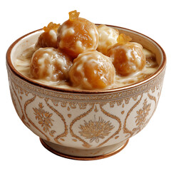 delicious dessert served in a traditional bowl with sweet round treats and creamy sauce from Asian cuisine