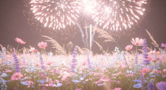 A surreal meadow filled with luminous pastel grass and glowing radiant flowers New year fireworks shape pattern bokeh effect background backgrounds illuminated celebration.