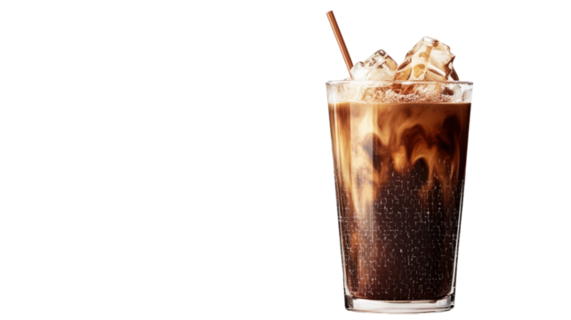 Iced coffee milk with creamy texture and cold refreshing appearance showcasing smooth blend of coffee and milk isolated on white background