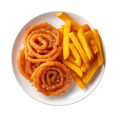 delicious plate of jalebi and golden french fries served PNG image, transparent background