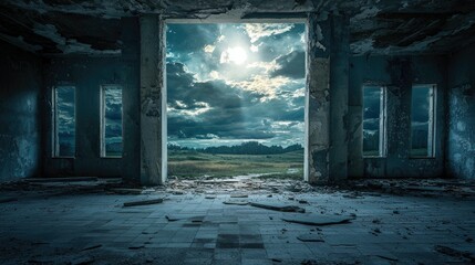 An interior view of a derelict room with peeling paint and debris on the floor, looking out through a large open doorway to a dramatic sky with clouds and a ful