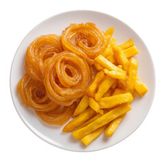 delicious plate of jalebi and golden french fries served PNG image, transparent background