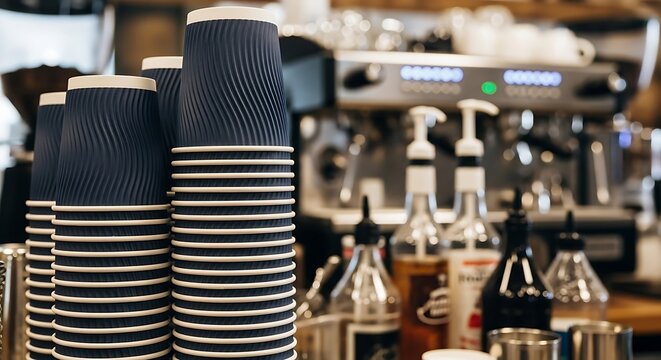 Stack of disposable cups in a coffee shop setting - Powered by Adobe