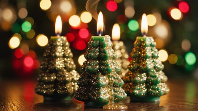 Christmas Tree Candles with Bokeh Lights - Several festive, tree-shaped candles covered in gold glitter are lit on a wood surface, with blurred, colorful bokeh lights in the background.