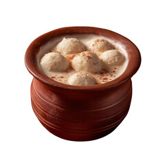 rasgulla traditional indian dessert served in clay bowl featuring sweet dumplings soaked in creamy milk PNG image, transparent background