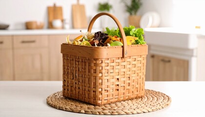A woven basket filled with organic food waste and vegetable scraps on a kitchen counter, ready for composting.