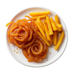 sweet and crispy jalebi crispy fried snacks on a plate PNG image, transparent background