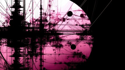 A surreal, abstract cityscape with intricate structures and reflections, rendered in stark black silhouettes against a vibrant pink and white background with a
