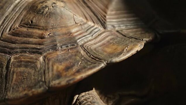 Intricate patterns and rough texture of a majestic tortoise shell revealed in a close-up, highlighting the natural beauty and detailed protective armor of the ancient reptile