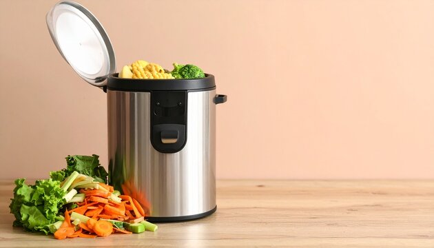 A modern electric kitchen composter filled with food scraps like pasta and vegetables on a wooden surface. - Powered by Adobe