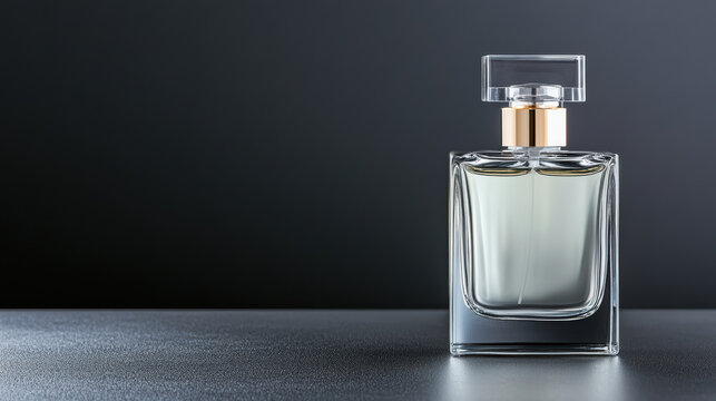 Elegant glass perfume bottle on glossy black surface with soft reflective glow