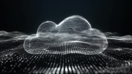Futuristic cloud computing technology visualized as a glowing particle formation over a digital data landscape with flowing information - Powered by Adobe