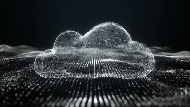 Futuristic cloud computing technology visualized as a glowing particle formation over a digital data landscape with flowing information