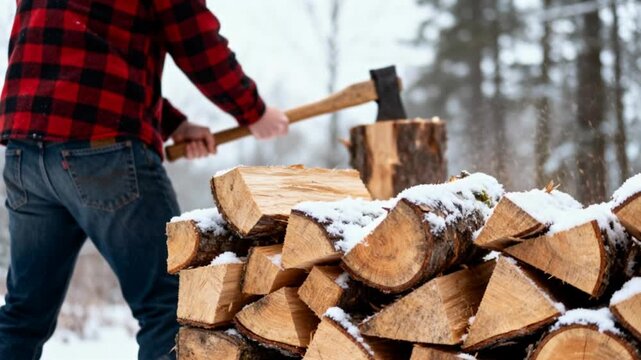 Blurred lumberjack chopping firewood with an axe in a snowy winter forest, focus on pile of logs in the foreground. Wood particles bursting outward on impact