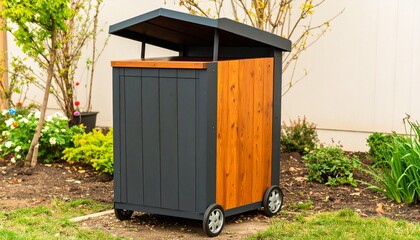 A dark gray and wood outdoor storage bin with wheels sits on the ground in a garden setting.